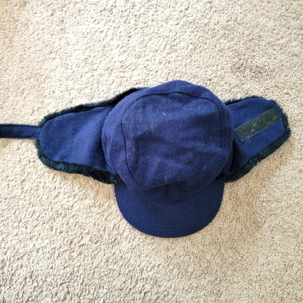 Vintage Wool Dorfman Pacific Navy Faux Fur Lined Ear Flap Hat Quilted Lining LG - Picture 8 of 9
